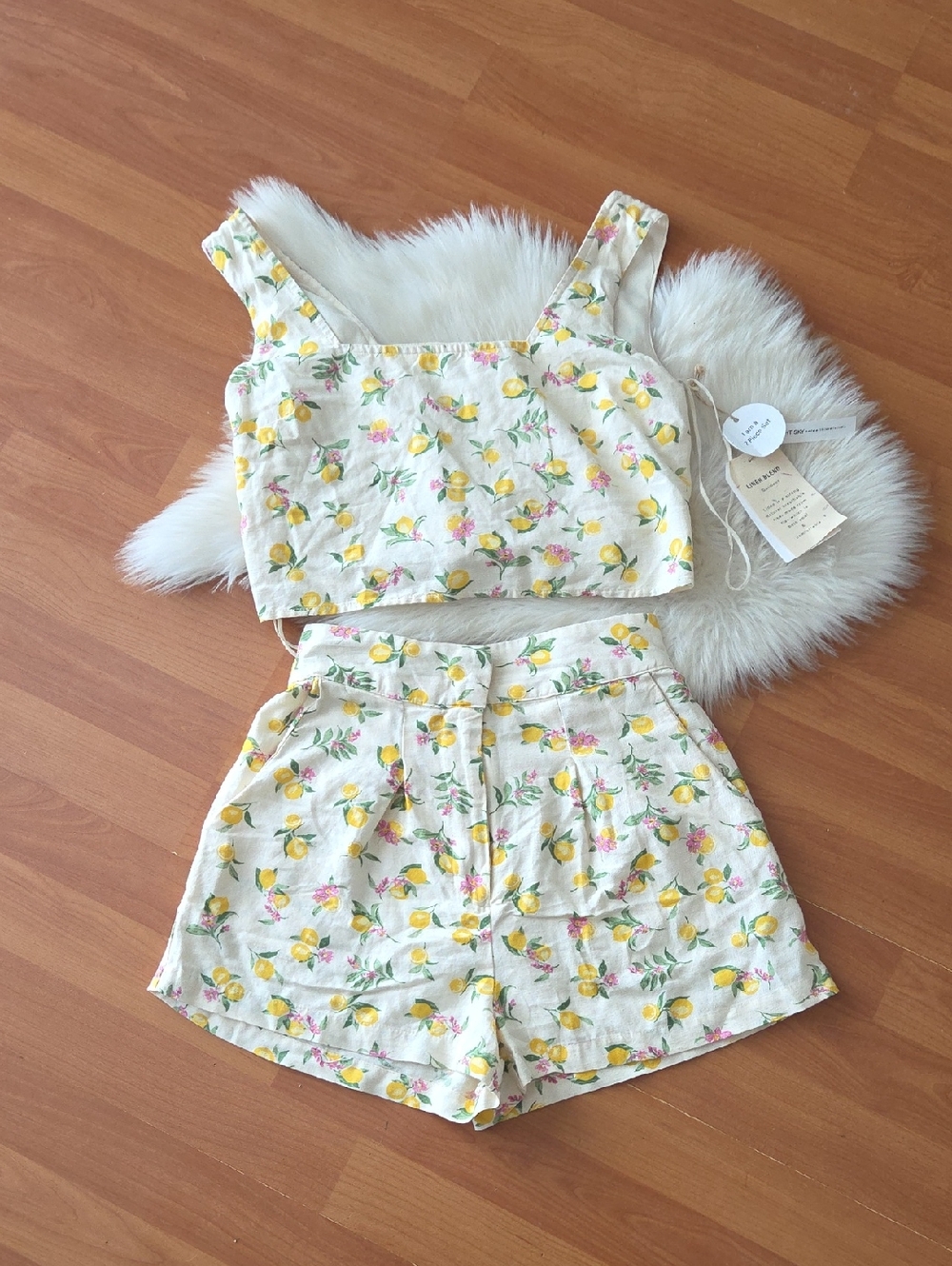 NEW Midnight Sky Linen Lemon Print Crop Top & High-Waist Shorts Set XS
